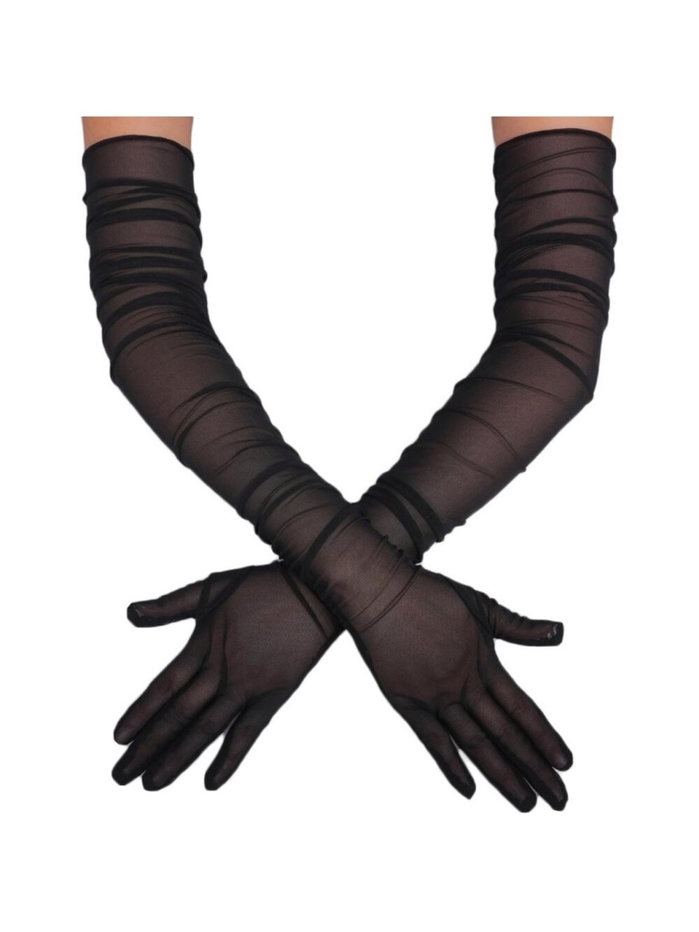Women's Black Tulle Mesh Satin Long Sheer Gloves Wedding Opera Party Prom